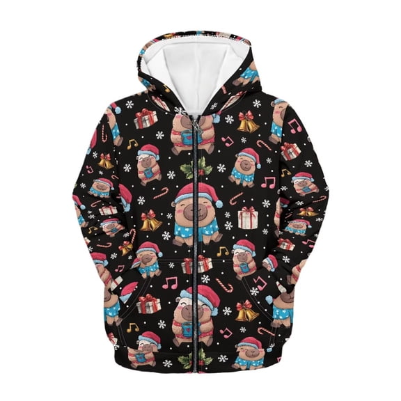 Chririnla Cartoon Capybara Christmas Gifts Kids Zip Up Hoodie with Pockets Long Sleeve Soft Comfy Casual Outerwear for School Travel Size 13-14