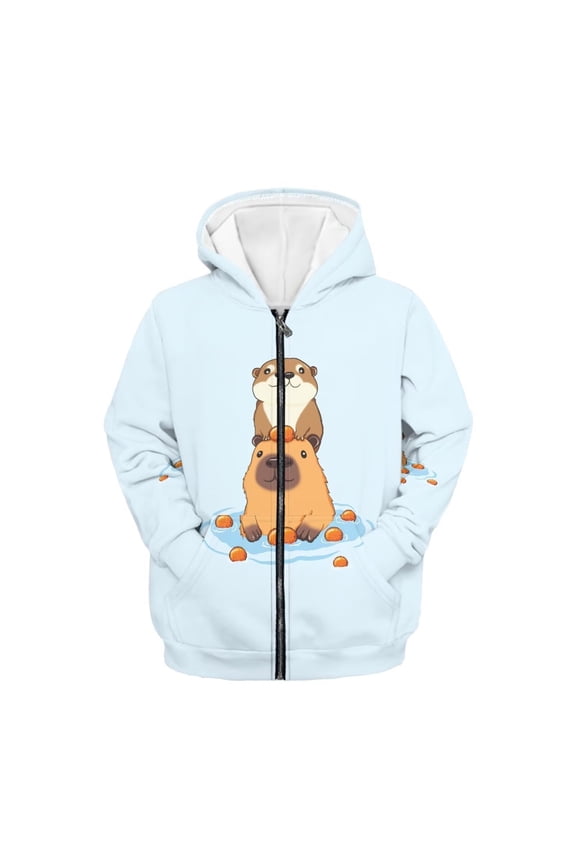 Cartoon Capybara Otter Orange Kids Hooded Jacket with Pockets Long Sleeve Lightweight Comfy Casual Pullover for Boys Girls Size 13-14