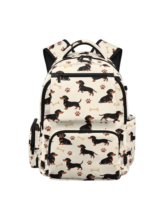 Cartoon Dachshund, Paw Print & Bone Pattern Kids School Backpack for Girls with Lightweight, Padded Shoulder Strap Ergonomic 17 Inch Casual Daypack for Back to School Campus