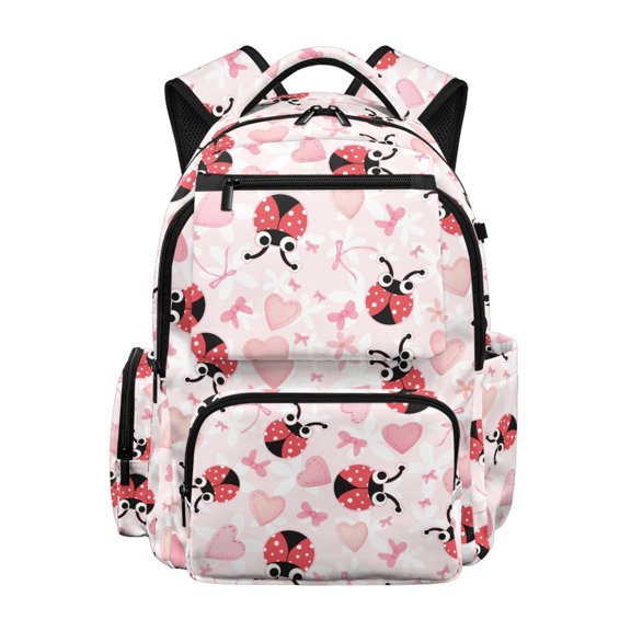 Chririnla Cartoon Ladybug & Heart Pattern School Backpacks for Girls with Soft Padded Shoulder Straps School Bookbag, Durable 17 Inch Daypack for Back to School Travel