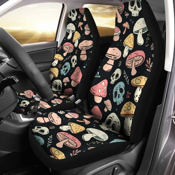 Chririnla Cartoon Mushroom Skull Print Car Seat Covers Set of 2 Waterproof Front Bucket Seats Protector Auto Interior Accessories Decor Universal Fit for Car Truck SUV