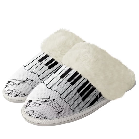 Chririnla Cartoon Piano Fuzzy House Shoes for Women Casual Warm Notes Print House Shoes Winter Home Slippers with Anti-Skid Sole for Home & Bedroom