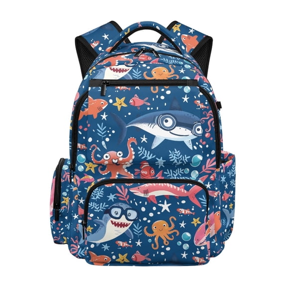 Chririnla Cartoon Sea Creature Print School Bookbag with Adjustable Padded Straps, Lightweight Breathable 17-inch School Bag for Travel Back to School