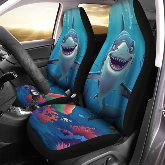 Chririnla Cartoon Shark Printed Car Front Seat Cover Set of 2, Universal Fit, Made of Soft Polyester, Easy to Install, Edgy Style — Fits Most Vehicles