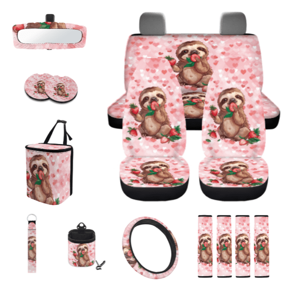 Chririnla Cartoon Sloth with Strawberries & Heart Pattern Car Seat Protector Kit, with Car Seat Covers Seat Belt Shoulder Pad Water Cup Pad Car Organizer Bag Car Rear View Mirror Cover