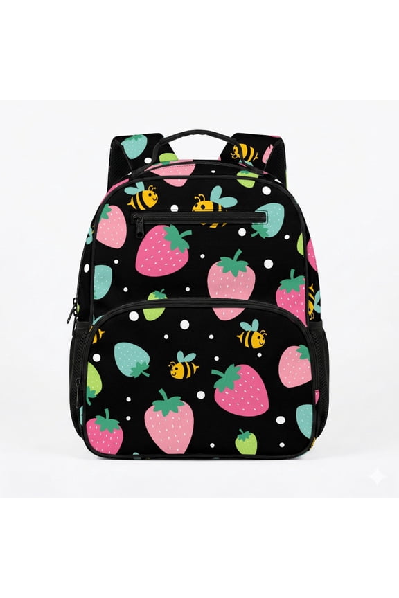 Cartoon Strawberry and Bee Breathable Kindergarten Bag for Travel School, Lightweight Preschool Toddler Backpack