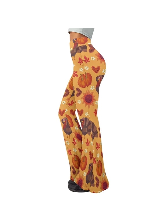 Cartoon Thanksgiving Turkey Pumpkin Sunflower Print Women High Waist Flare Yoga Pants Casual Bell Bottom Wide Leg Leggings Soft Tummy Control Bootcut Pants,S