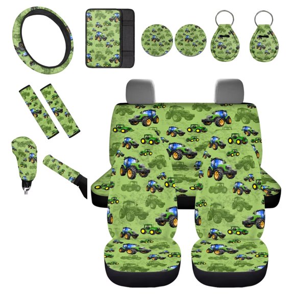 Chririnla Cartoon Tractor Pattern Car Seat Covers Full Set 14 Pieces Dustproof Automobile Front Back Seats Sets with Seatbelt Strap Pads, Coasters, Keychain Vehicle Interior Essentials