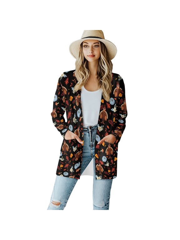 Cartoon Turkey Pumpkin Mushroom Leaf Cardigan Sweaters for Women Long Sleeve Cardigan Casual Lightweight Drape Open Front Fall Dusters Jackets Dressy Loose Coat Tops with Pockets