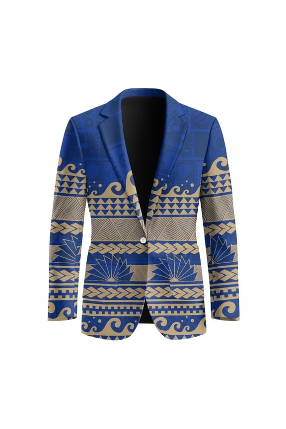 Casual Blazer for Men Soft Business Daily Suit Jacket with Two Pockets Soft Long Sleeve Sport Coat Retro Blue Polynesian Print ,S
