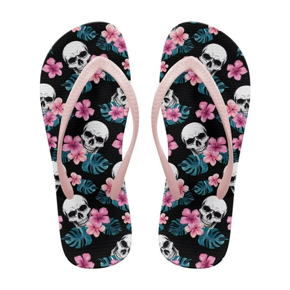 Chririnla Casual Flip Flops for Women Bathroom Tropical Skull Hibiscus Shower Shoes Non-Slip Arch Support Thong Sandals