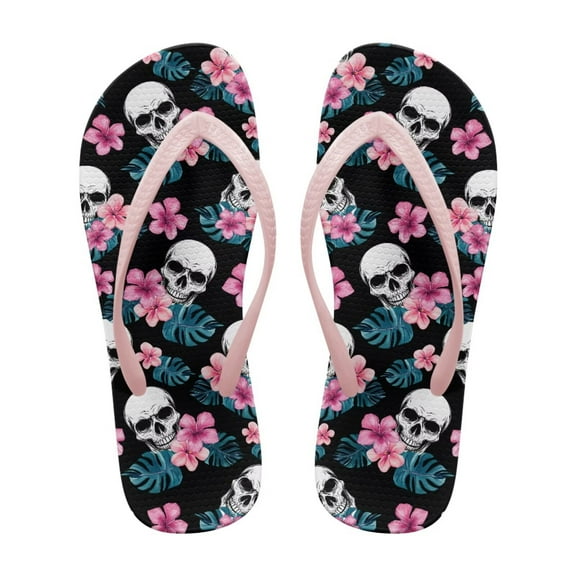Chririnla Casual Flip Flops for Women Bathroom Tropical Skull Hibiscus Shower Shoes Non-Slip Arch Support Thong Sandals