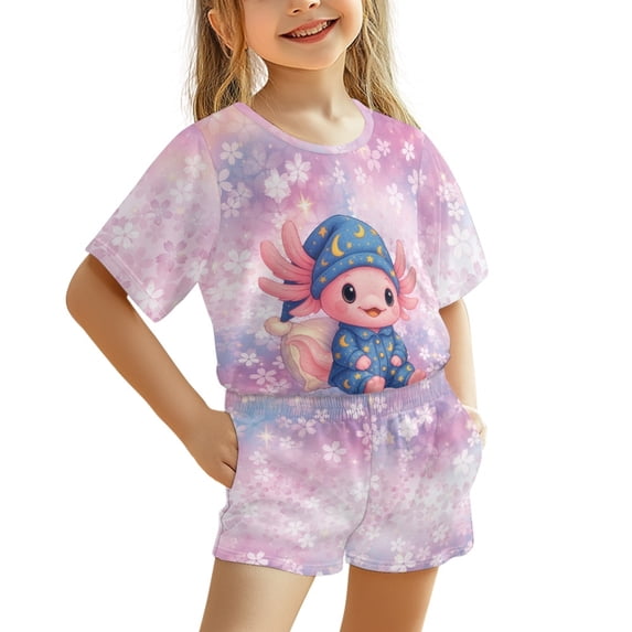 Chririnla Casual Kids Outfit 3-16 Years Trendy Stretch Kids Summer Outfit, Axolotl Floral Design