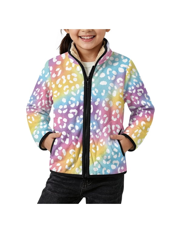 Casual Toddler Boys Girls Fleece Jacket for Fall Baseball, Rainbow Leopard Print Windproof Kids Polar Fleece Jacket Outwear Polyester Zip up Fleece Jacket