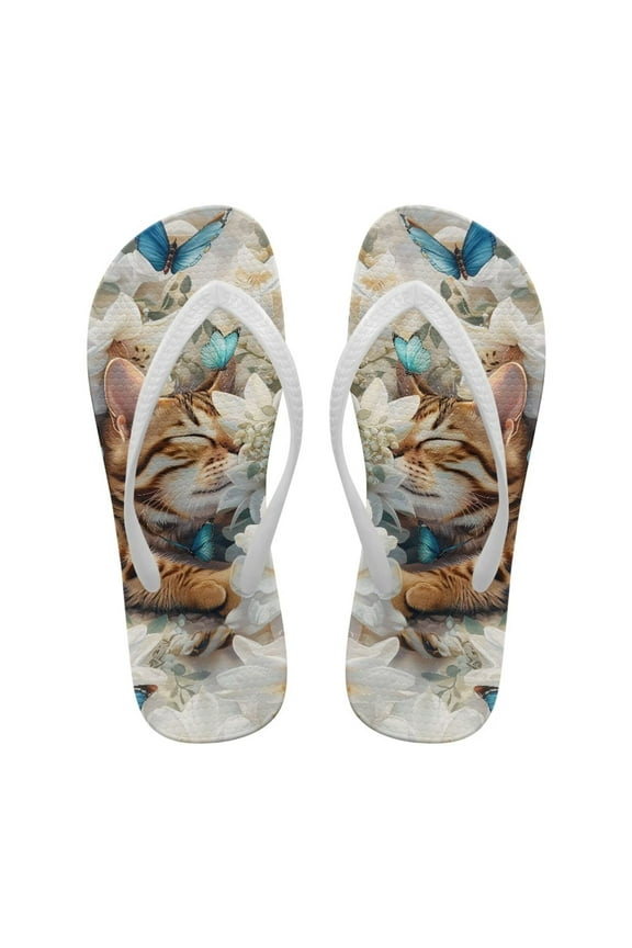 Cat Floral Flip Flops for Women Casual Lightweight Soft Footbed Thong Sandals Non-Slip Quick Dry Fashion Flats Slippers for Vacation Walking