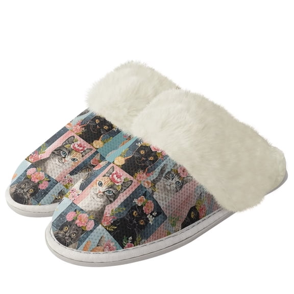 Chririnla Cats Floral Print Fuzzy Slippers Women Outdoor Warm Plush Bedroom Shoes with Fur Edges Warm House Shoes Closed Toe Home Shoes
