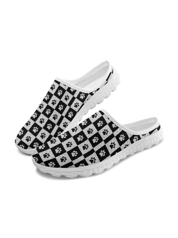 Checkered Paw Print Mesh Slip On Clogs | Breathable Lightweight Summer Shoes for Unisex Dog Lovers