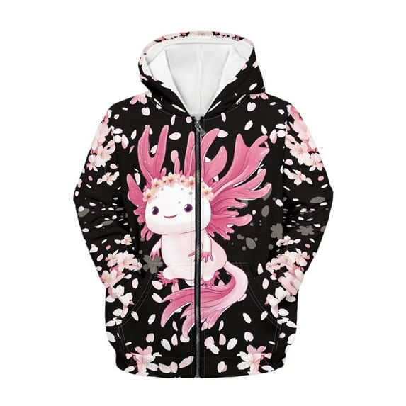 Chririnla Cherry Blossom Art Axolotl Comfy Hooded Sweatshirt with Pockets Long Sleeve Loose Casual Pullover for Youth Girls Size 6-9