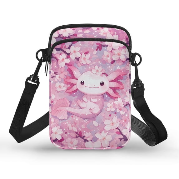 Chririnla Cherry Blossom Axolotl Crossbody Bag, Adjustable Shoulder Strap Cell Phone Purse Polyester Lightweight Cell Phone Purse Wallet for Shop Running