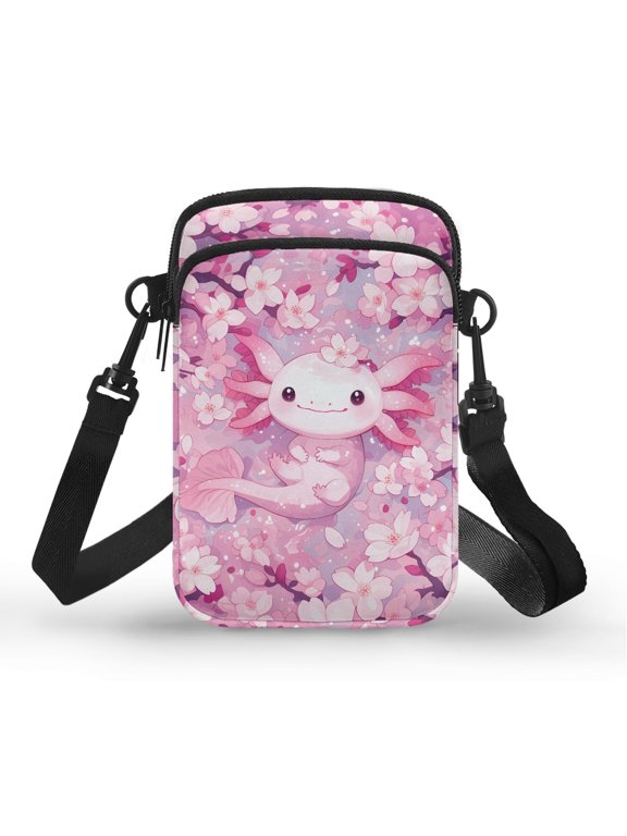 Cherry Blossom Axolotl Crossbody Bag, Adjustable Shoulder Strap Cell Phone Purse Polyester Lightweight Cell Phone Purse Wallet for Shop Running