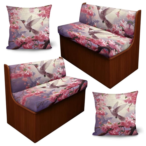 Chririnla Cherry Blossom Hummingbird Rv Sofa Booth Cushion Covers 2 Set Dinette Seat Slipcovers with Matching Pillowcase Covers Fit for Travel Trailer Daily Use