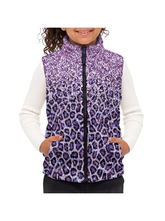 Children's blanket warm vest for Fall Outdoor Activities, Lightweight Sleeveless Kids Fleece Vest Polyester Kids Polar Fleece Vest Jacket Purple Glitter Leopard Print