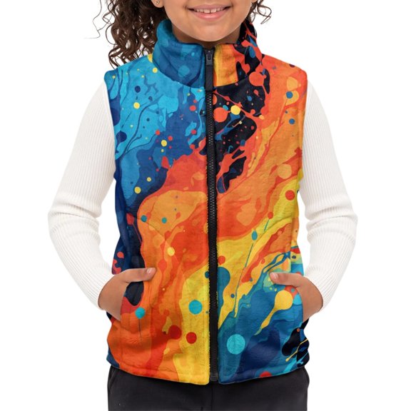 Chririnla Children's blanket warm vest Graffiti Design with Pockets Sleeveless Girls Fleece Vest Jacket for Winter Fall, Polyester Kids Polar Fleece Vest Jacket