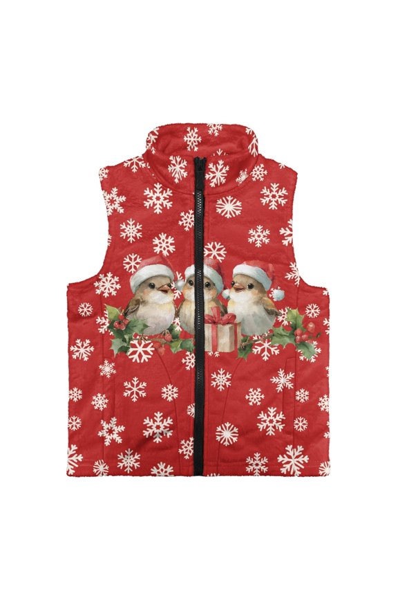 Christmas Bird Gift Pattern Sleeveless Jacket Soft with Lightweight Polyester Kids Zip Up Vest for Fall Winter