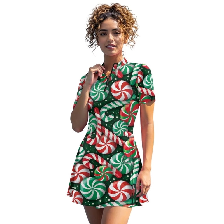 christmas golf dress Chririnla Candy Cane Print Tennis Dresses with Shorts for Women Tummy Control Zip Up Athletic Short Sleeve Sundress Workout Golf Outfits XS-2XL Red Dress Shoes for