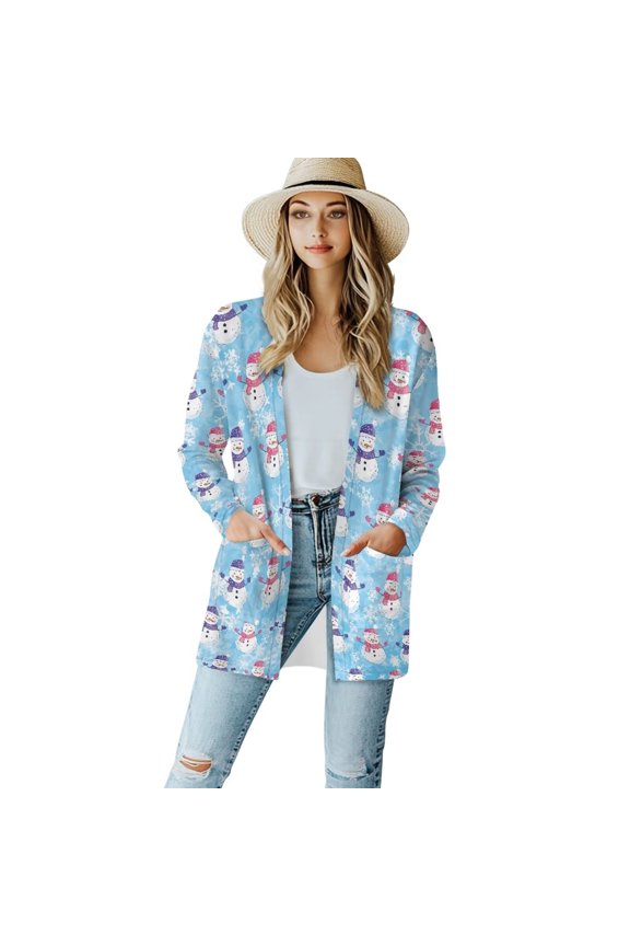 Christmas Cute Snowman Cardigan for Women Dressy Casual Lightweight Cardigans Long Sleeve Open Front Sweaters Flowy Tops Fall Dusters Decent Elegant Coat with Pockets