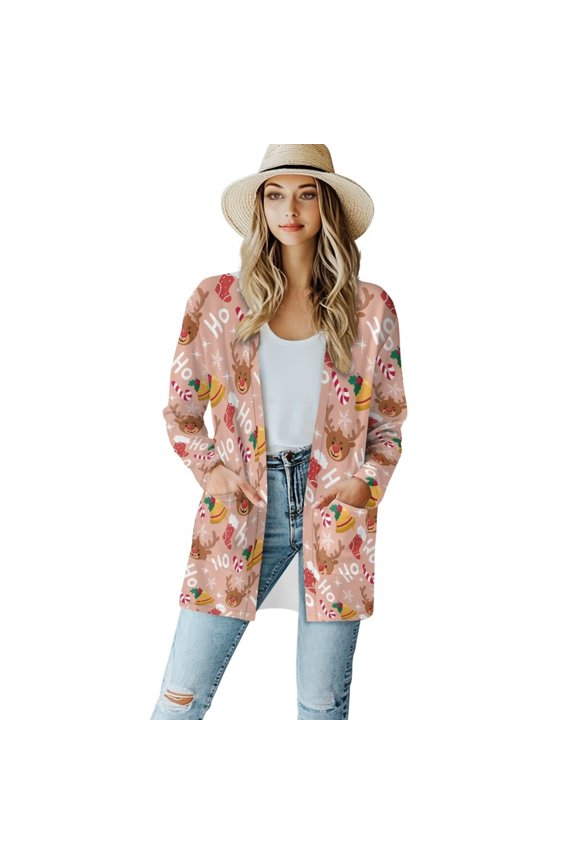 Christmas Deer Cardigans for Women Soft Drape Front Open Cardigans Lightweight Long Sleeve Cardigan Slit Hem Sweater Outwear Loose Jacket Coat Long Tops