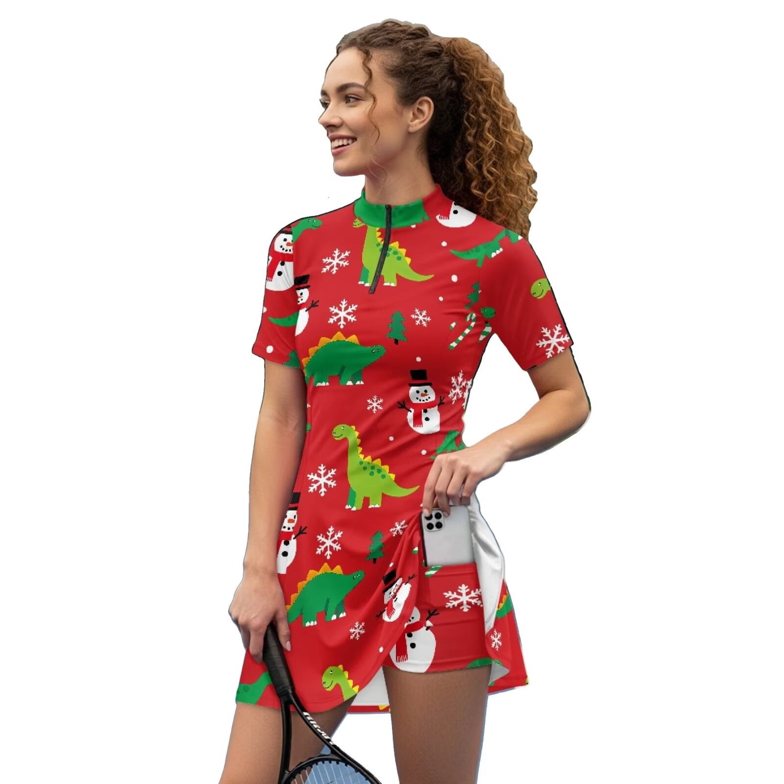 dinosaur christmas dress Chririnla Snowman Print Tennis for Women Short Sleeve Zipper Golf Dresses with Shorts and Pockets Y2K Workout Athletic blooded reptiles
