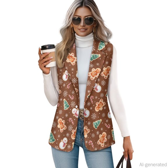 Chririnla Christmas Gingerbread Pattern, Dressy Lightweight Suit Jacket for Work Summer, Soft Open Front Women's Sleeveless Waistcoat Vest