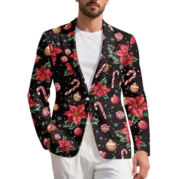 Chririnla Christmas Poinsettia Men's Suit Jacket One Button Dress Suit Dinner Sports Coats Tuxedo Blazer for Festival Party Dinner