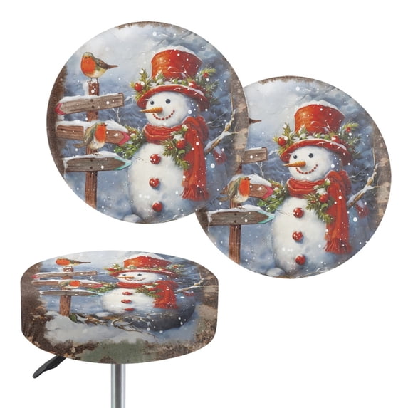 Chririnla Christmas Round Bar Stool Covers with Snowman Pattern, 2 Pack Polyester Stretch Washable Slipcovers for Home Bar and Salon