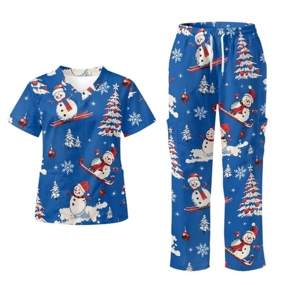 Chririnla Christmas Snowman Blue Scrubs for Women, V-Neck Tops & Straight Leg Pants with Pockets, Stretch Nurse Scrubs Holiday Medical Shirts Short Sleeve Top Pant