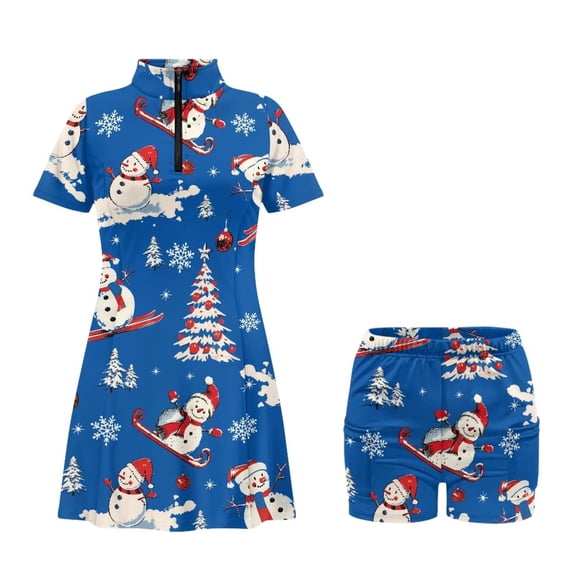 Chririnla Christmas Snowman Tree Women's Golf Tennis Dresses Short Sleeve Zipper Workout Athletic Dress with Shorts and Pocket for Women Sun Protection A Line Slim Sundress Golf Outfit
