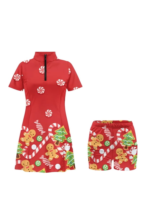Christmas Tennis Dress for Women Short Sleeve Zipper Golf Dresses with Shorts and Pockets Trendy Y2K Workout Athletic Skort Skirt Exercise Outfits with Collar,Candy Cane Print