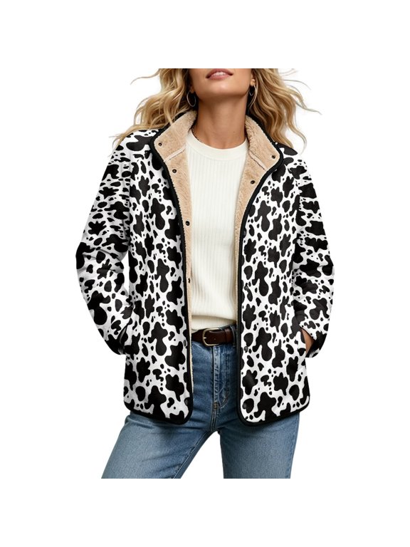 Classic Cow Print Womens Fleece Jackets Button Down 6XL