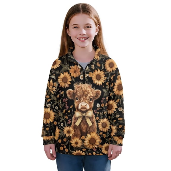 Chririnla Classic Sunflower Highland Cattle Athletic Sports Jacket Girls Quarter Zip Up Sweatshirt Pullover Sweatshirts Lightweight Comfy Casual for Gym Run Size 11-12