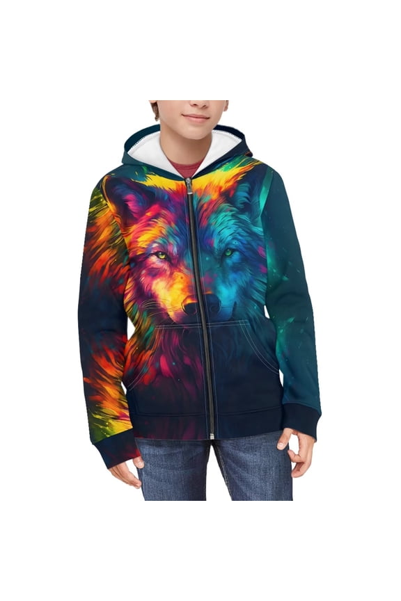 Colorful Art Wolf Head Flame Kids Sporty Jacket Zip Up Hooded Long Sleeve with Pockets Lightweight Athletic Top Youth ​​Size 10-12​​