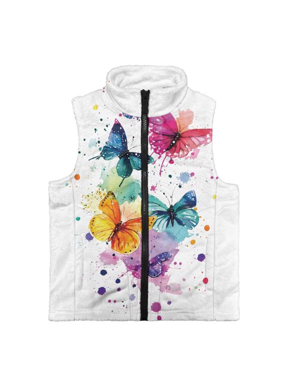Colorful Butterfly Pattern Kids Zip Up Vest Warm with Lightweight Polyester Girls Outerwear Vest for Winter Spring