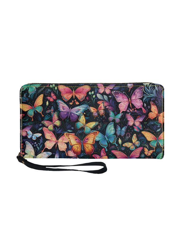 Colorful Butterfly Pattern Long Purse, Zipper PU Leather Women's Wallets for Travel Shopping, Wrist Strap Long Wallet