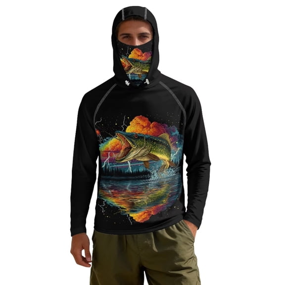 Chririnla Colorful Clouds Fish Print Men's UPF 50+ Camouflage Hooded Fishing Shirt with Face Mask Breathable Lightweight for Boating, Walking, Running, Hiking 4XL