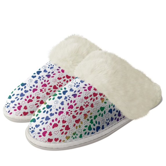 Chririnla Colorful Dog Paw Fuzzy House Slippers for Women Non-Slip House Shoes with Fur Edges Warm Plush Bedroom Shoes for Winter Home