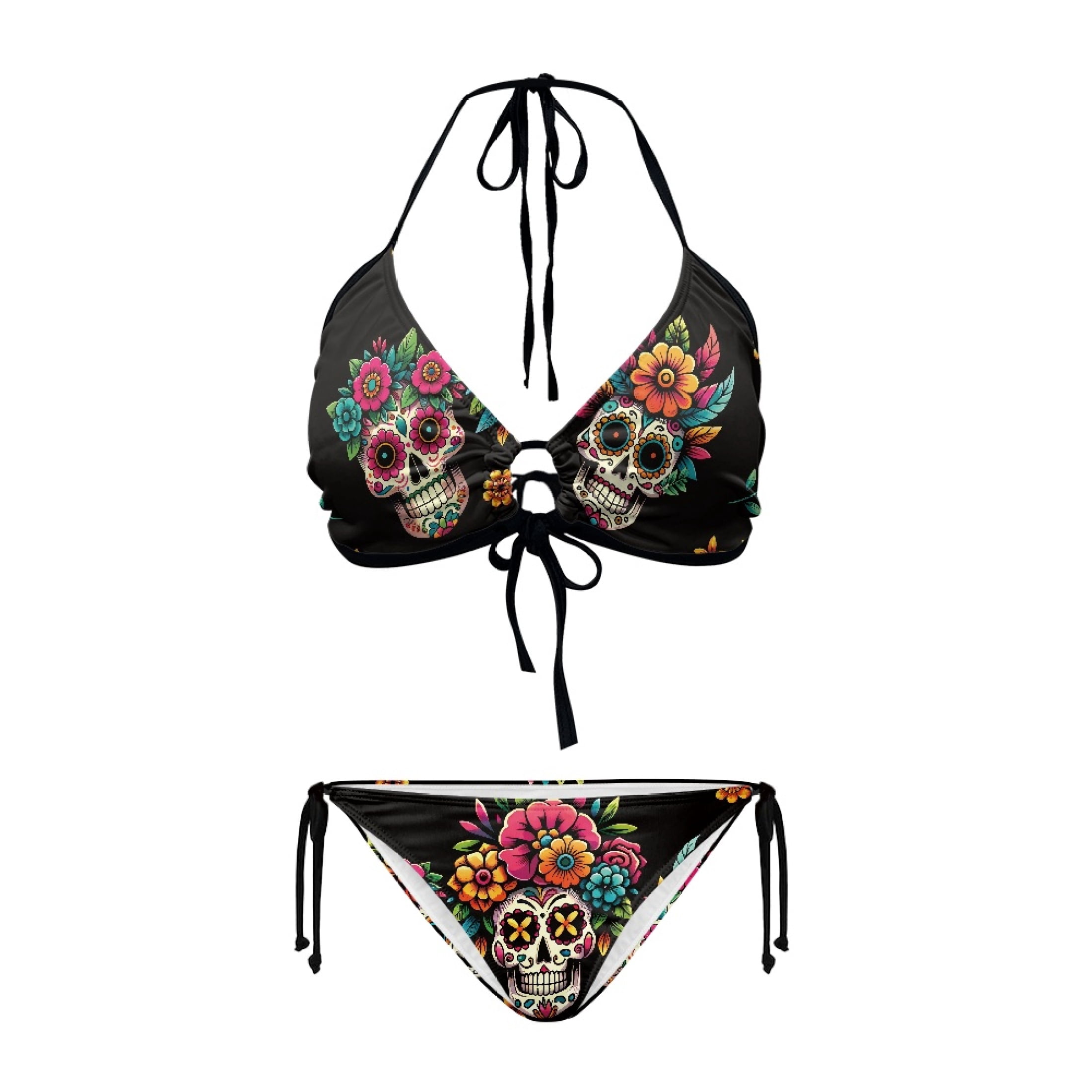 Chririnla Colorful Floral Sugar Skull Halter Triangle Bikini Set - Sexy ...