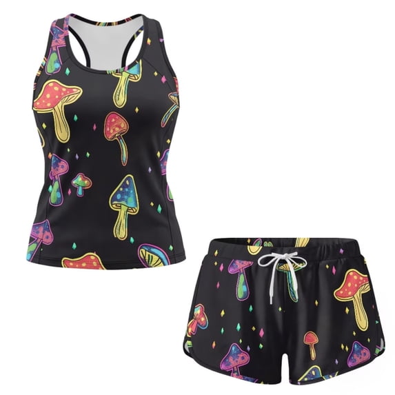 Chririnla Colorful Mushroom Black Two Piece Tankini Swimsuits for Women Tummy Control Bathing Suit with Swim Shorts Athletic Swimsuit Tank Top Crew Neck Sleeveless Bathing Suits Two Side Pockets