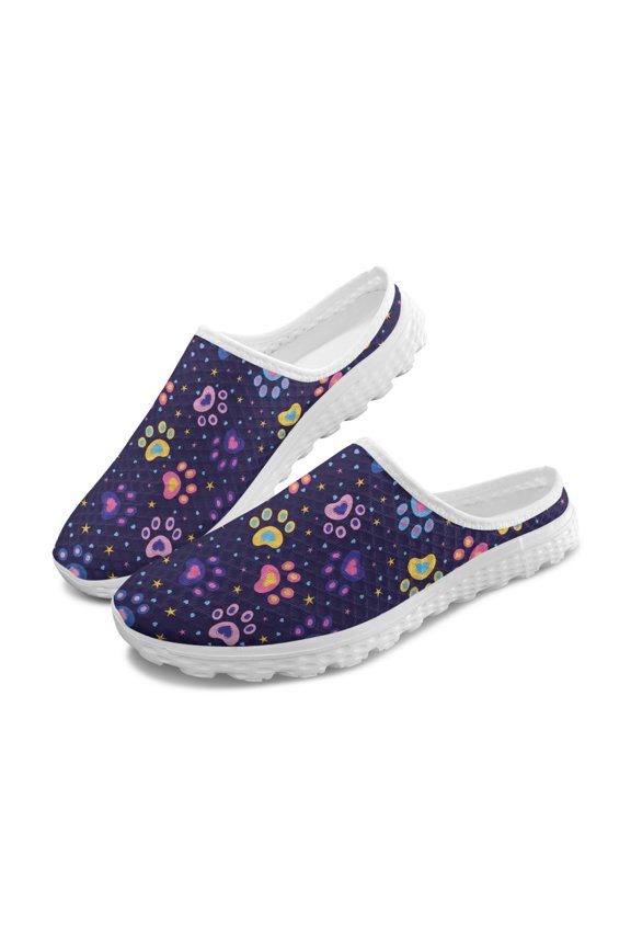 Colorful Paw Print Breathable Mesh Slip On Clogs | Lightweight Comfortable Unisex Summer Walking Shoes
