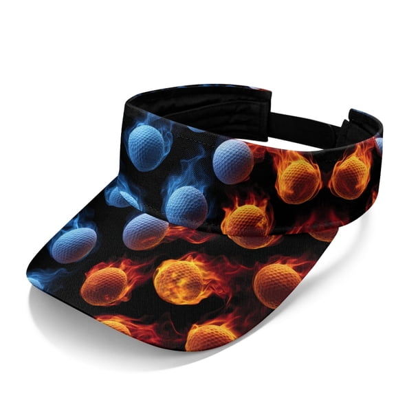 Chririnla Comfortable Fit Polyester Fabric Sports Visor Hat for Beach Tennis, Adjustable Back Strap Adjustable Visor Adjustable Strap Empty Top Baseball Cap, Flaming Golf Balls Pattern