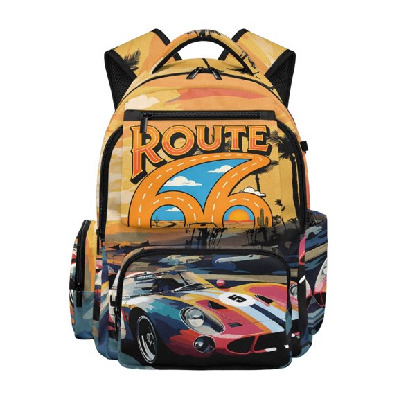 Chririnla Compartment School Bag for Daily Use High School, 600D Polyester Breathable Bookbag, Sunset Cars Pattern Design